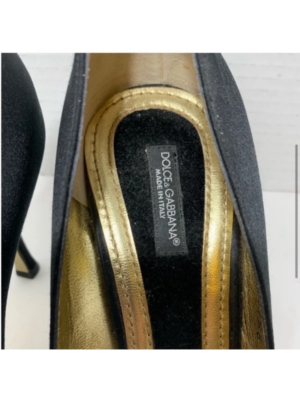 Dolce & Gabbana Black Satin Peep-Toe Pumps with Gold Lining and Crystal Bow